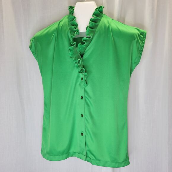 Contemporary Classics Vintage 80s Short Sleeve Button Front w/ Ruffle Collar, M - Picture 1 of 7